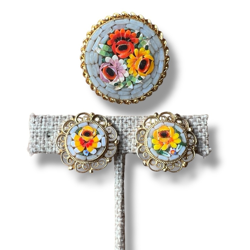 Floral Micro Mosaic Round Clip-on Earrings and Pin Set